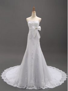 Wonderful Sleeveless Brush Train Lace Up With Train Beading and Lace and Appliques and Bowknot Wedding Gown