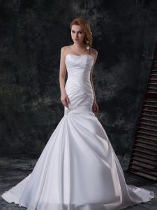 Mermaid Sleeveless Lace Up With Train Beading and Ruching Wedding Gown