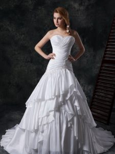 White Taffeta Lace Up Wedding Gown Sleeveless Brush Train Ruffled Layers and Ruching