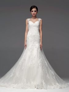 High Quality Brush Train Mermaid Wedding Dress White Straps Tulle Sleeveless With Train Lace Up