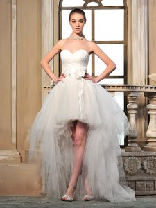 Flare White Tulle Lace Up Bridal Gown Sleeveless High Low Ruching and Hand Made Flower