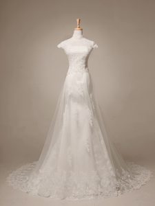 Tulle Cap Sleeves With Train Wedding Dresses Brush Train and Beading and Lace and Appliques