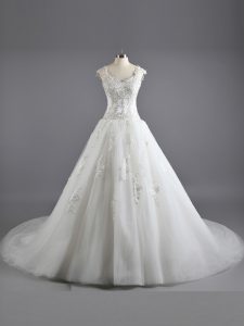 Free and Easy White Straps Lace Up Lace and Appliques Wedding Dresses Court Train Cap Sleeves