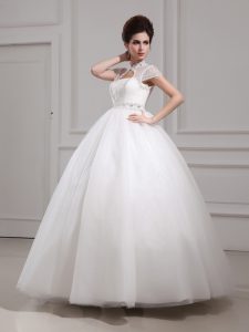 Chic Halter Top Tulle High-neck Cap Sleeves Lace Up Beading and Lace Wedding Dress in White