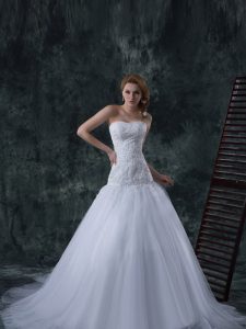 Sleeveless Court Train Lace Up With Train Beading and Appliques Wedding Dress