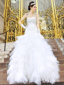 Beauteous White Column/Sheath Beading and Ruffles Wedding Dresses Zipper Tulle Sleeveless Floor Length