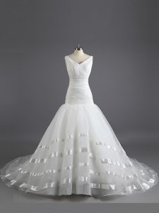 Fashion Sleeveless Court Train Lace Up With Train Ruching Wedding Dress