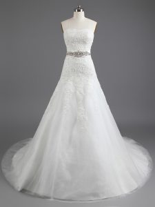 Affordable Sleeveless Tulle With Train Court Train Lace Up Wedding Gown in White with Beading and Lace and Appliques