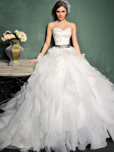 New Style Beading and Ruffles and Belt Wedding Gown White Lace Up Sleeveless Brush Train