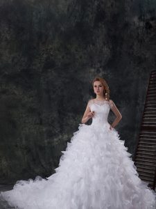 Scoop Beading and Ruffles Wedding Gown White Lace Up Sleeveless Chapel Train