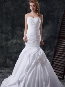 Lovely Mermaid Taffeta Sweetheart Sleeveless Brush Train Lace Up Ruching and Pick Ups and Hand Made Flower Wedding Gowns