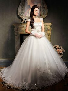 White Ball Gowns Beading and Appliques Wedding Dress Lace Up Tulle Cap Sleeves With Train