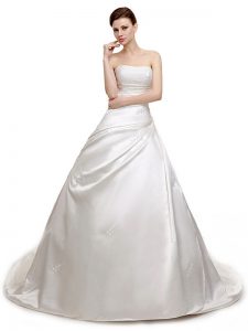 Custom Design Strapless Sleeveless Bridal Gown With Train Court Train Ruching White Satin