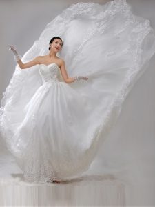 White Lace Up Sweetheart Beading and Lace and Appliques and Ruching Wedding Dress Organza Sleeveless Brush Train