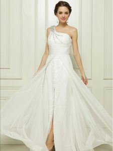 Glorious White One Shoulder Neckline Beading Wedding Dress Sleeveless Zipper