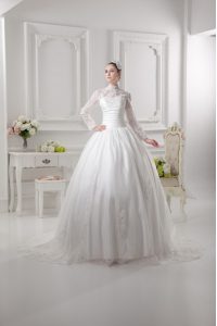 Most Popular Sweep Train A-line Wedding Gown White High-neck Lace Long Sleeves Zipper