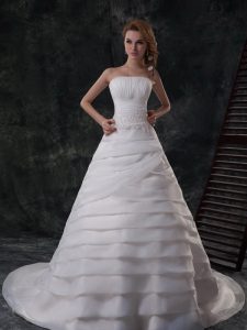 Hot Selling Ruffled Brush Train A-line Wedding Gowns White Strapless Organza Sleeveless With Train Lace Up