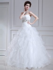 Super White Sleeveless Floor Length Beading and Ruffles Lace Up Bridal Gown