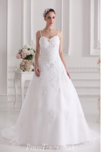 Trendy Spaghetti Straps Sleeveless Brush Train Zipper Bridal Gown White Tulle and Lace