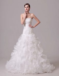 White Column/Sheath Organza Strapless Sleeveless Beading and Appliques and Ruffles and Ruching With Train Lace Up Bridal