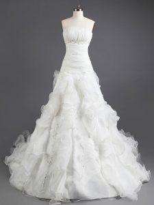 Perfect White A-line Organza Strapless Sleeveless Beading and Ruffles With Train Lace Up Wedding Dress Court Train