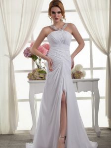 Charming White Column/Sheath Ruching Wedding Gown Zipper Chiffon Sleeveless