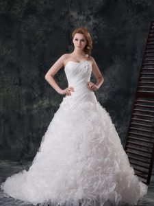 White Sleeveless Court Train Beading and Ruching and Hand Made Flower With Train Wedding Dresses