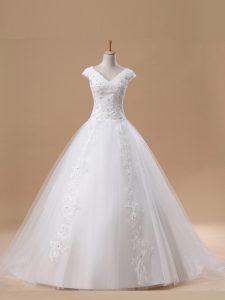 White Short Sleeves With Train Beading and Appliques Lace Up Wedding Gowns
