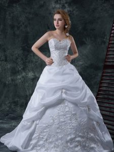 Dynamic Taffeta Sweetheart Sleeveless Brush Train Lace Up Beading and Embroidery Wedding Gowns in White