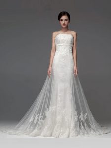 White Tulle Lace Up Wedding Gown Sleeveless With Brush Train Lace and Appliques
