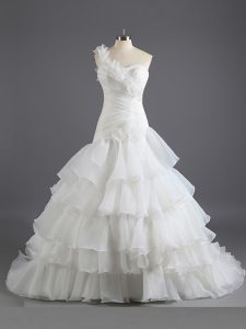 Charming White Chiffon Lace Up Sweetheart Sleeveless With Train Wedding Gowns Court Train Beading and Ruffled Layers and