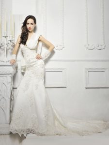 White Wedding Dresses Wedding Party and For with Lace and Appliques One Shoulder Cap Sleeves Court Train Zipper