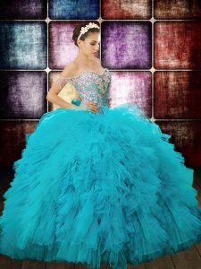 Adorable Sequins Floor Length Aqua Blue Sweet 16 Quinceanera Dress Off The Shoulder Sleeveless Zipper
