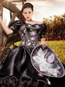 Inexpensive Black Ball Gowns Organza and Taffeta Off The Shoulder Short Sleeves Embroidery and Ruffles Floor Length Lace