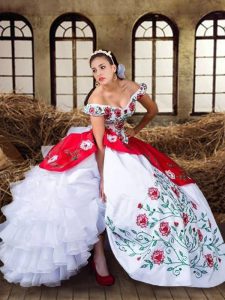 Excellent Off the Shoulder White and Red Ball Gowns Embroidery and Ruffled Layers Ball Gown Prom Dress Lace Up Organza a