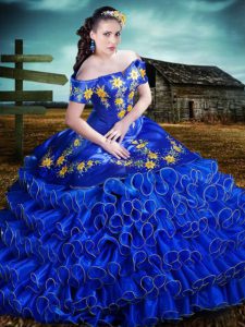Affordable Royal Blue Organza Lace Up Off The Shoulder Short Sleeves Floor Length Quinceanera Gown Embroidery and Ruffle