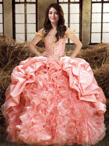 Pink Organza and Taffeta Lace Up Off The Shoulder Sleeveless Floor Length Quince Ball Gowns Beading and Ruffles and Pick