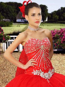 High Class Red Ball Gowns Sweetheart Sleeveless Tulle With Train Watteau Train Lace Up Beading and Lace Ball Gown Prom D