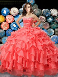 Chic Coral Red Ball Gowns Organza Sweetheart Sleeveless Beading and Ruffles Floor Length Lace Up Sweet 16 Dress
