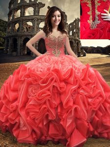 Red Ball Gowns Beading 15 Quinceanera Dress Lace Up Fabric With Rolling Flowers Sleeveless Floor Length