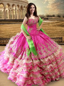 Beautiful Ruffled Floor Length Ball Gowns Sleeveless Hot Pink Quinceanera Gown Lace Up