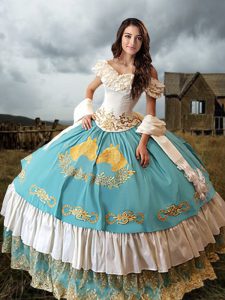 Captivating Blue And White Ball Gowns Taffeta Off The Shoulder Short Sleeves Lace and Embroidery and Ruffled Layers Floo
