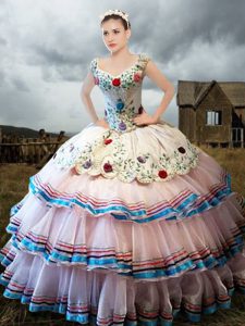 White 15th Birthday Dress Military Ball and Sweet 16 and Quinceanera and For with Embroidery and Ruffled Layers Straps C