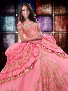 Chic Off The Shoulder Sleeveless 15 Quinceanera Dress Floor Length Beading and Embroidery and Ruffled Layers Watermelon 