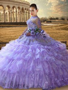 Affordable Tulle High-neck Long Sleeves Lace Up Beading and Embroidery and Ruffled Layers Quinceanera Dress in Lavender