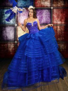 Stylish Sleeveless Floor Length Beading and Ruffled Layers Lace Up Quinceanera Gown with Royal Blue