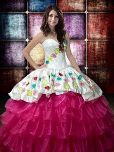 Sleeveless Floor Length Embroidery and Ruffled Layers Lace Up Quinceanera Dresses with Fuchsia