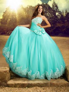 Apple Green Ball Gowns Tulle Strapless Sleeveless Beading and Lace and Bowknot Floor Length Lace Up Ball Gown Prom Dress