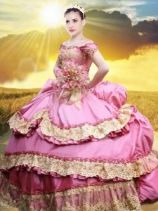 Amazing Off the Shoulder Floor Length Lace Up Vestidos de Quinceanera Rose Pink for Military Ball and Sweet 16 and Quinc