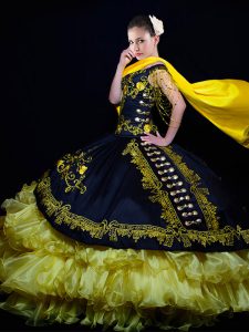 Exquisite Off the Shoulder Black Lace Up Sweet 16 Dresses Beading and Embroidery and Ruffled Layers Sleeveless Floor Len